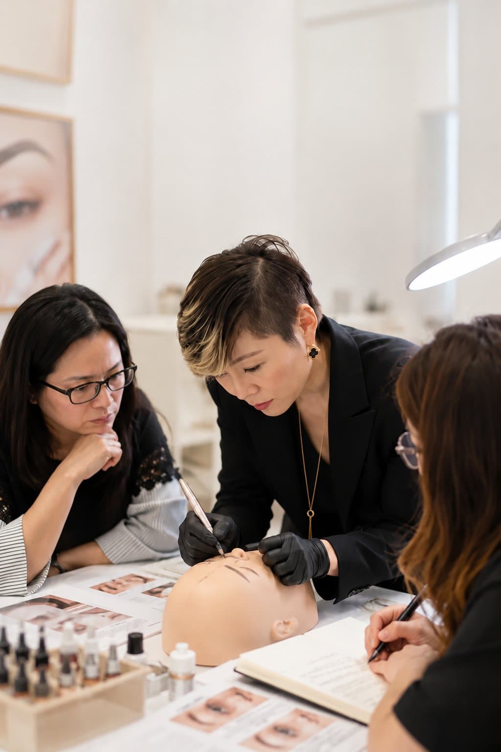 Lina Liu demonstrating permanent makeup brow technique to students in the academy
